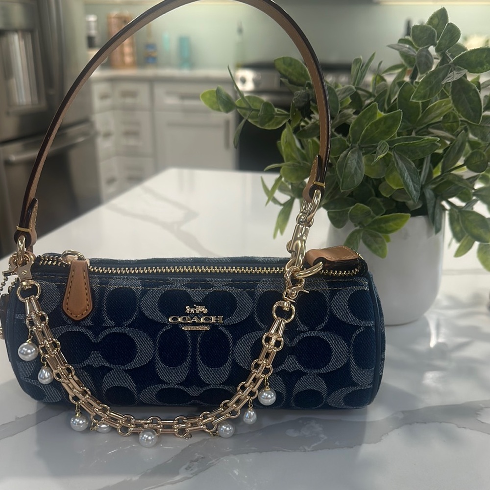 Coach Blue Handbag with Gold Accents - Charm included!